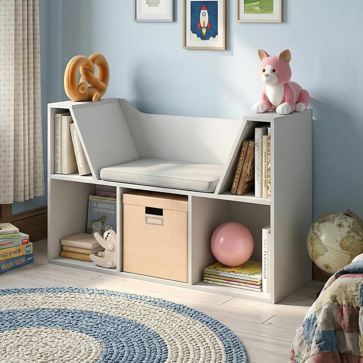 LOVA Book Shelf with Reading Nook, 5-Cube Bookshelf with 22.4" Wide Seat Cushion, Reading Nook, Organizers and Storage with Bench, for Bedroom, Living Room, White