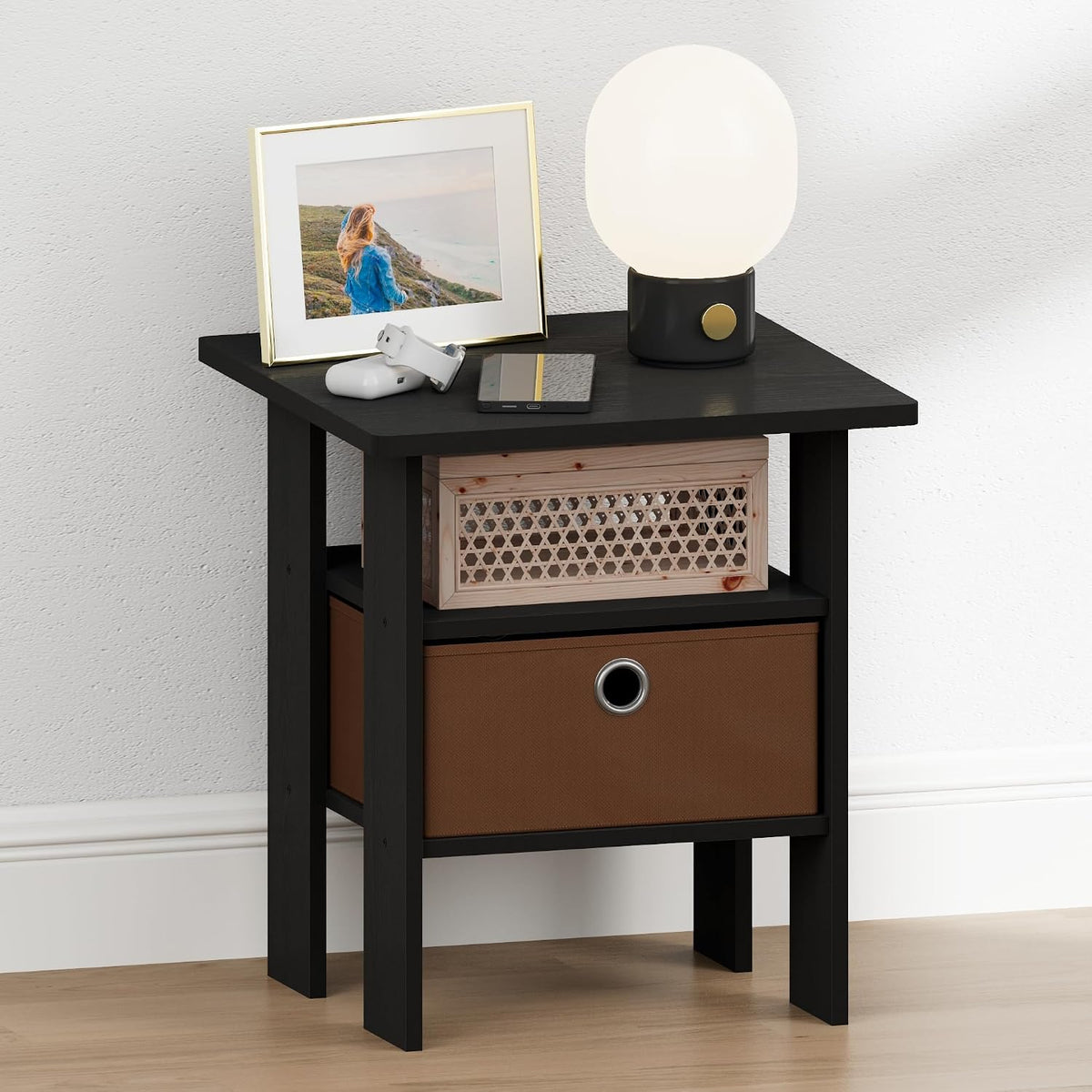 TIDUR 3-Tier Night Stand, Nightstand with Storage Bin, Americano