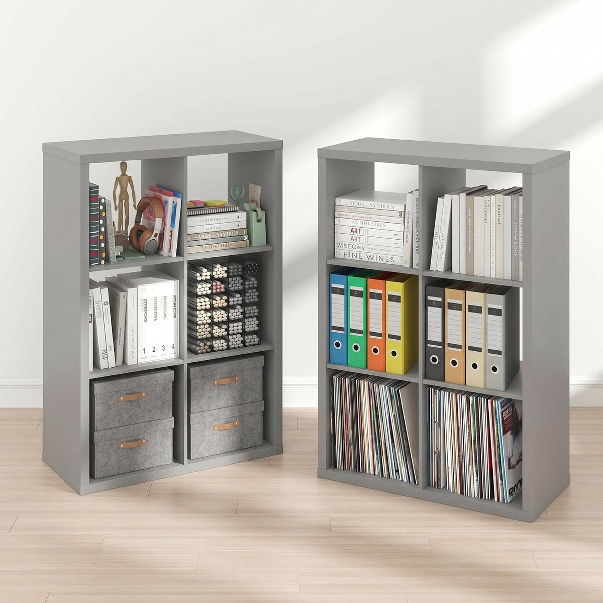Cubicle Book Shelf Set of 2, 6-Cube Bookshelf, Light Grey