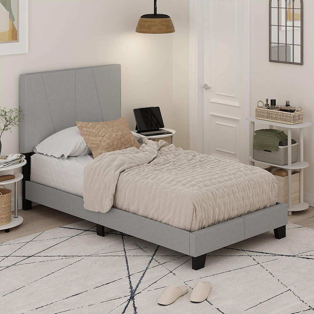 Lucy Twin Size Bed Frame with Geometric Design Upholstered Headboard, Bedframe with Adjustable Headboard, No Box Spring Needed, 12pcs Wooden Slat Support, for Bedroom, Dorm, Light Grey
