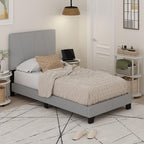 Lucy Twin Size Bed Frame with Geometric Design Upholstered Headboard, Bedframe with Adjustable Headboard, No Box Spring Needed, 12pcs Wooden Slat Support, for Bedroom, Dorm, Light Grey