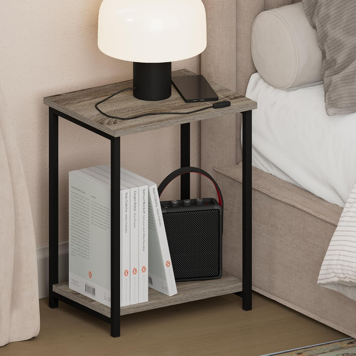 Simplistic Night Stand, 2-Tier Open Shelf Design Nightstand with Metal Frame, Bedside Table, End Table, Side Table, for Bedroom, Living Room, French Oak