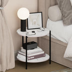 BESI Night Stand, 2-Tier Wide Round Nightstand, Metal Frame End Table, Bedside Table, Side Table with Open Shelf, for Living Room, Bedroom, Marble White