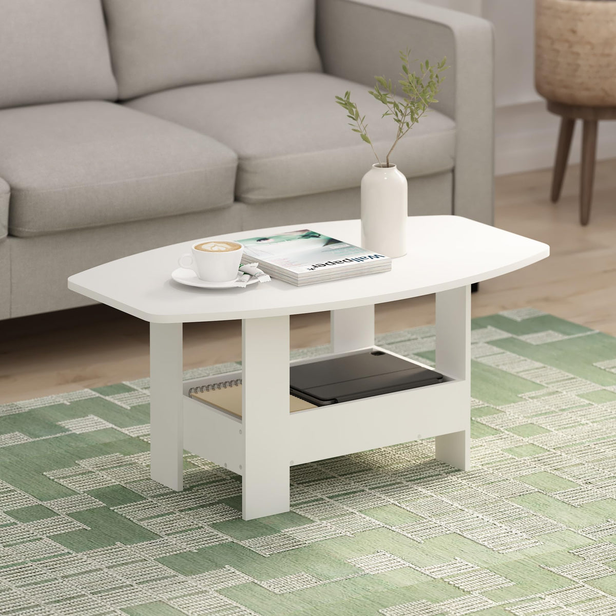 Basic 2-Tier Modern Coffee Table with Open Shelf, White