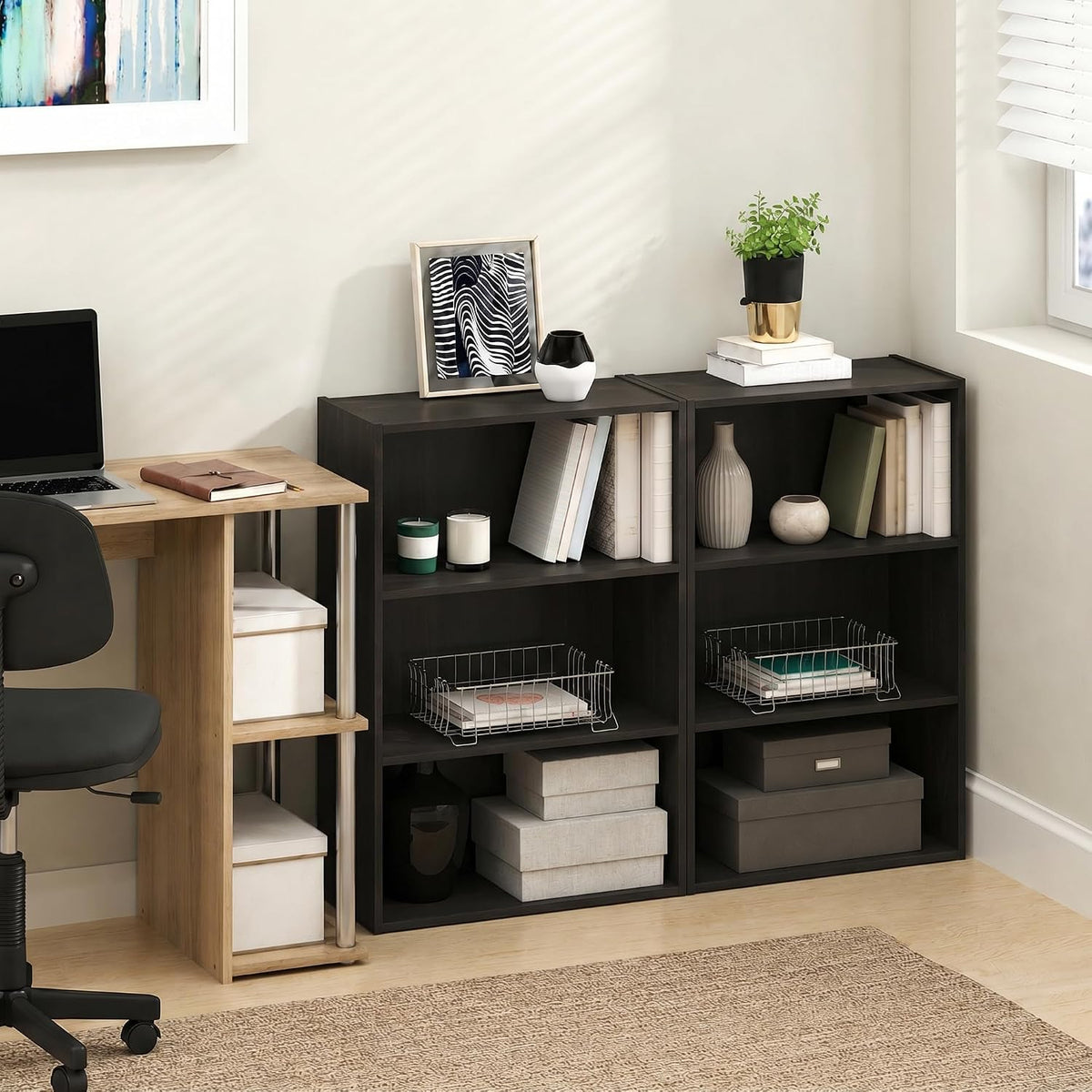 PASIR Set of 2 3-Tier Book Shelf, Dark Espresso