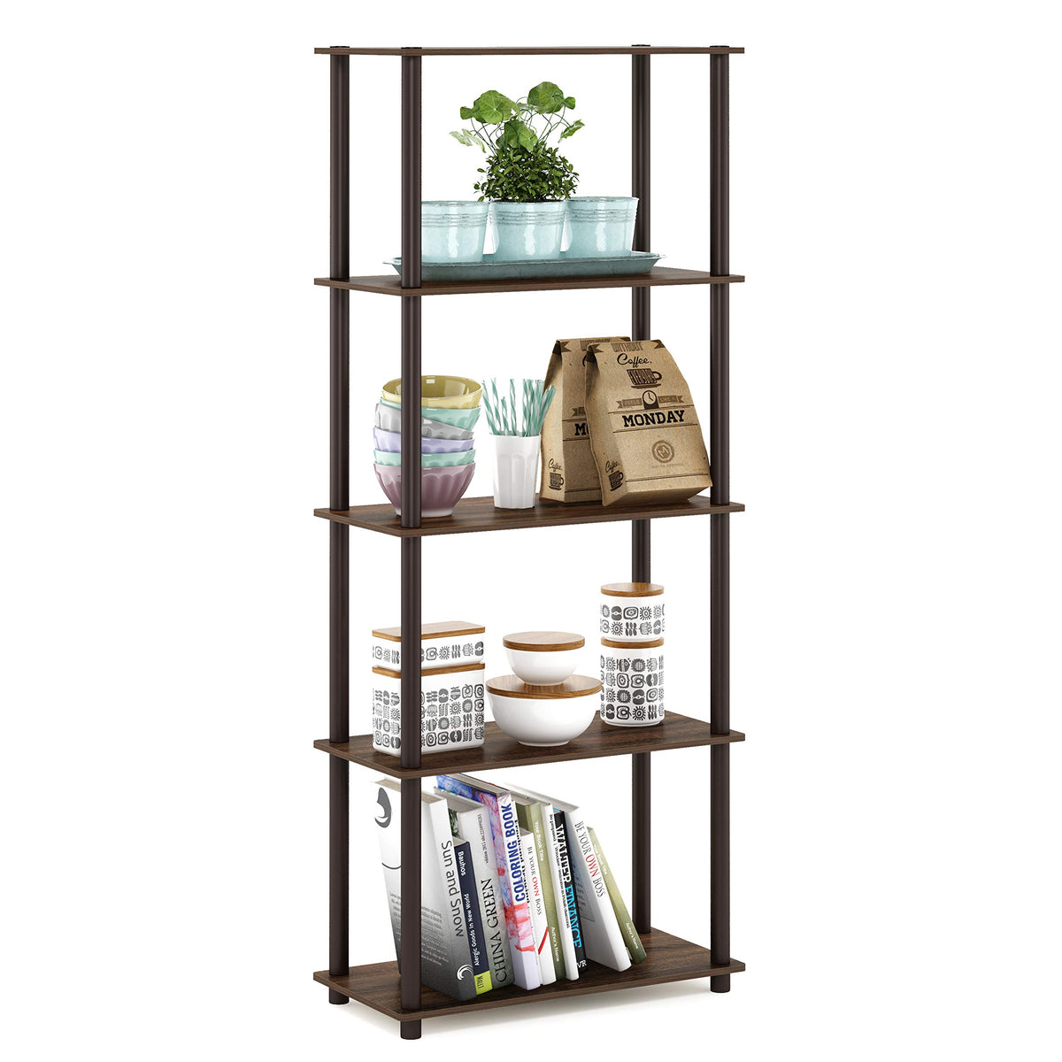 99152BE/WH/IV 3-Tier Go Green Multipurpose Storage Rack Shelving Unit Bookshelf Cabinet with 2 Bins, Beech Finish