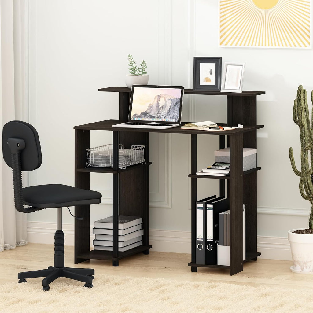 Jaya 35.3 Inch Computer Desk with Raised Hutch, White Wood