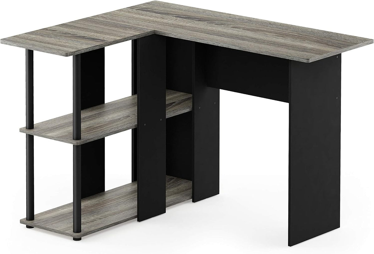 Abbott L-Shape Computer Desk with Bookshelf, French Oak Grey/Black