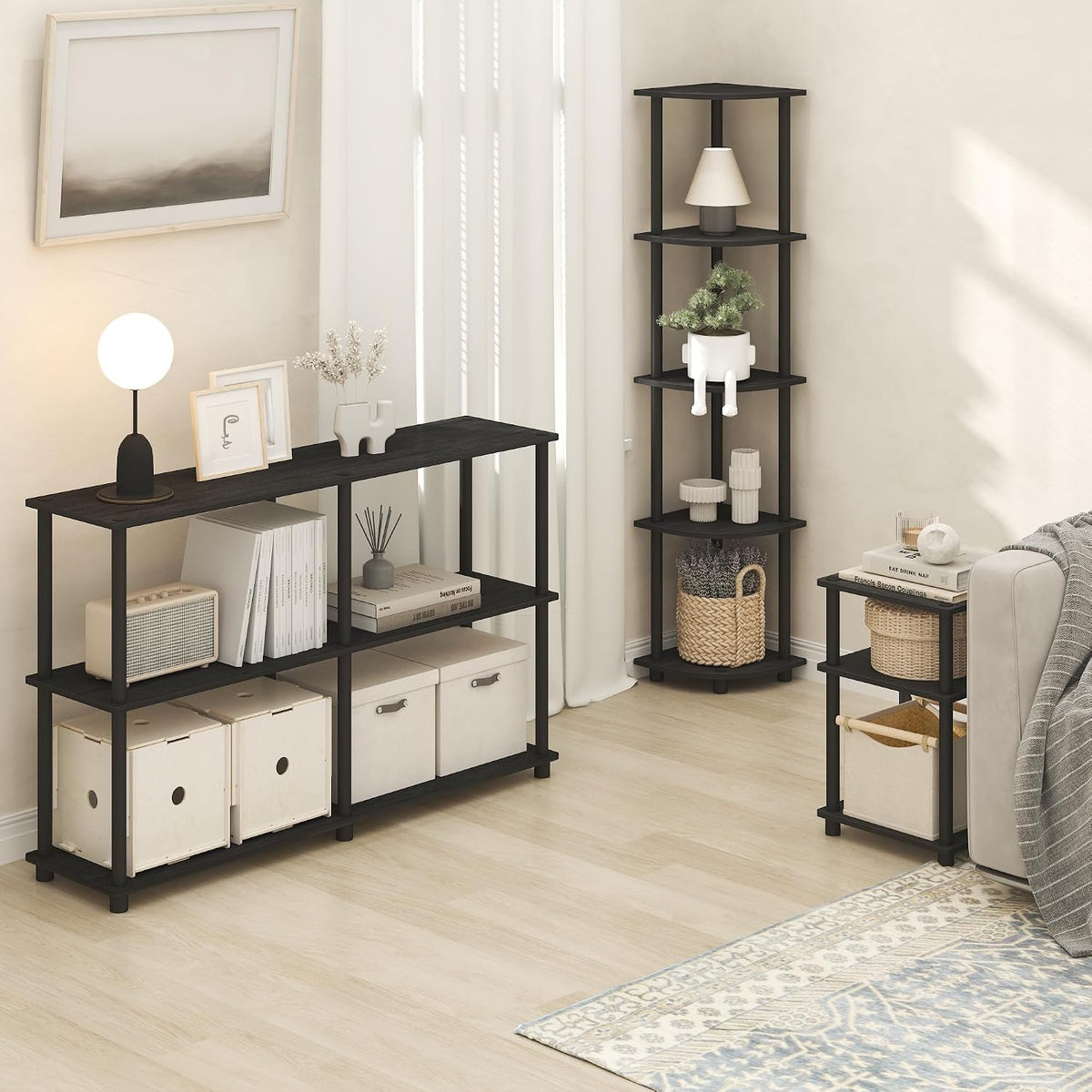 JUST Set of 2 Toolless Assembly 3-Tier Side Table, Dark Americano