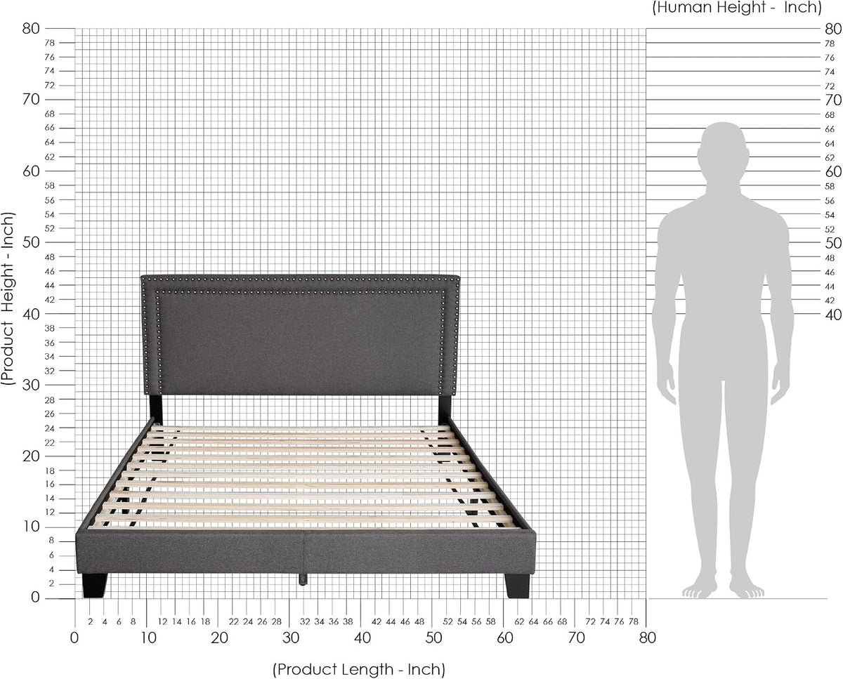Laval Double Row Nail Head Upholstered Platform Bed Frame, Queen, Stone