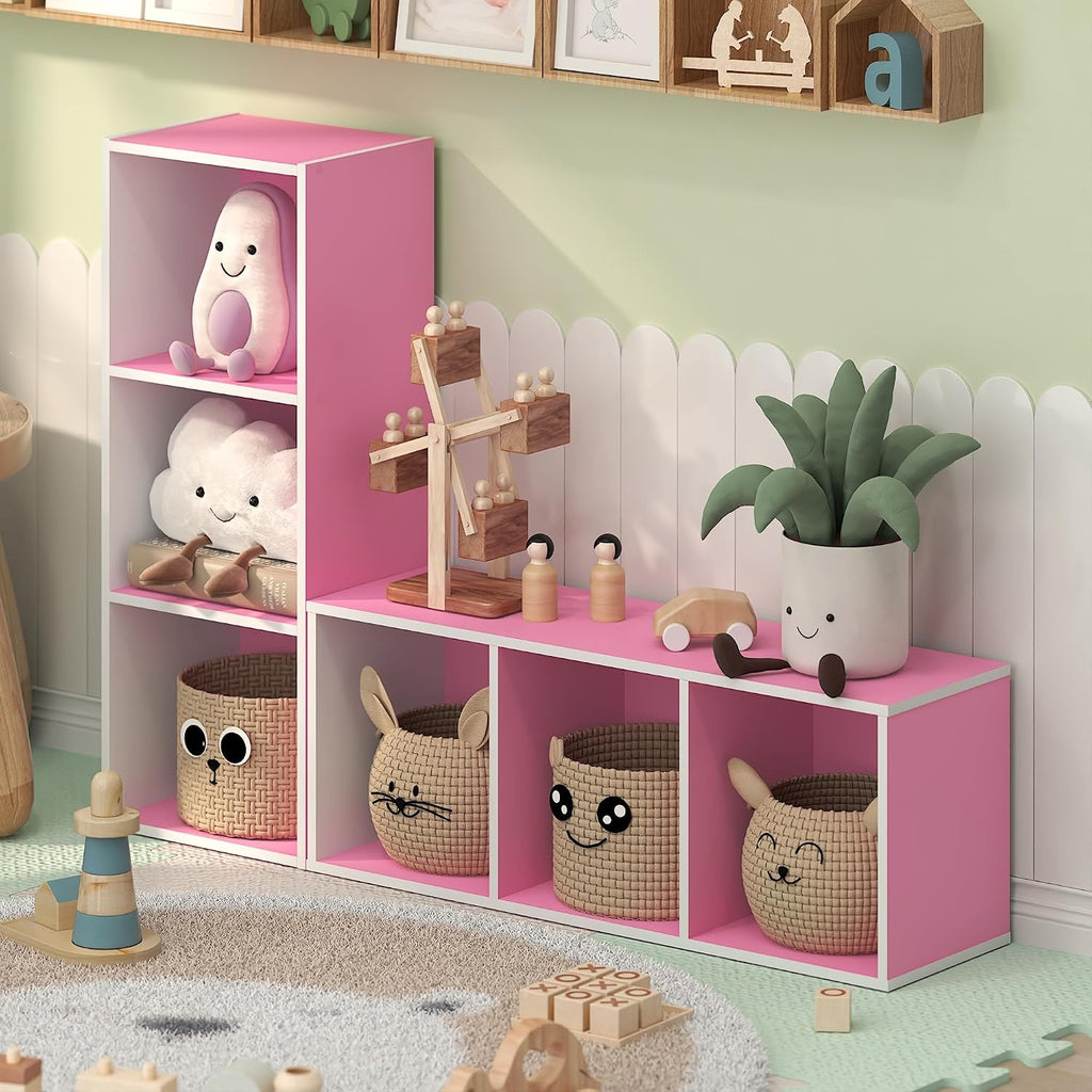 LUDER Set of 2 Book Shelf, 3-Cube, White/Pink