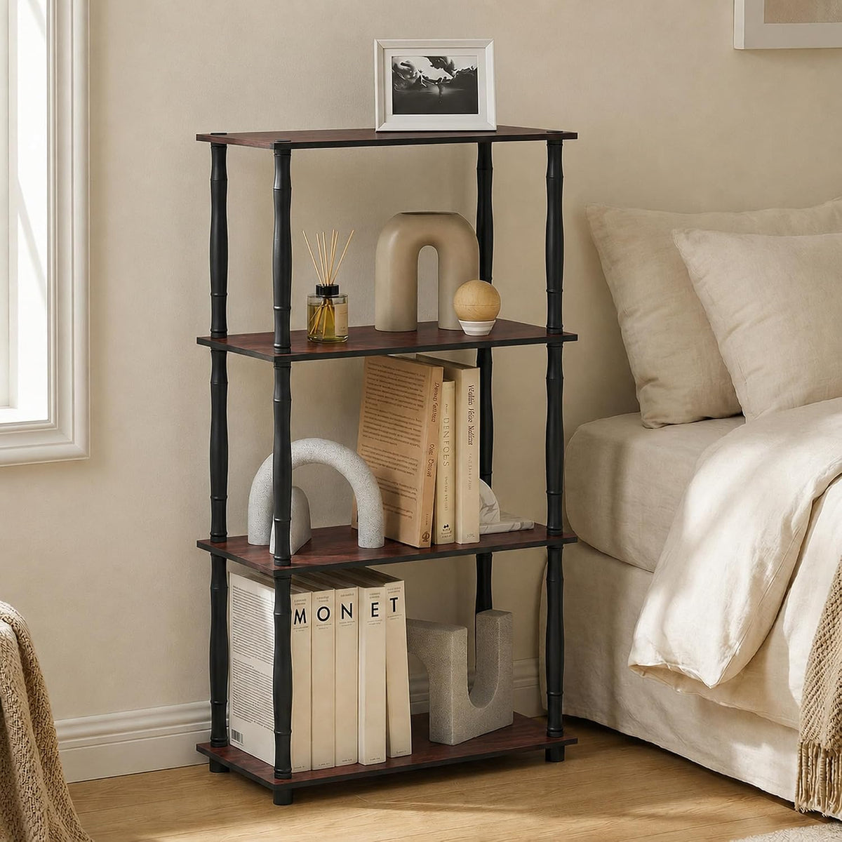 Turn-N-Tube Toolless Assembly 4-Tier Open Frame Brown Book Shelf, Corner Shelf, Open Shelves, Classic Tube, for Organization and Storage, Living Room, Home Office, Cherry Oak