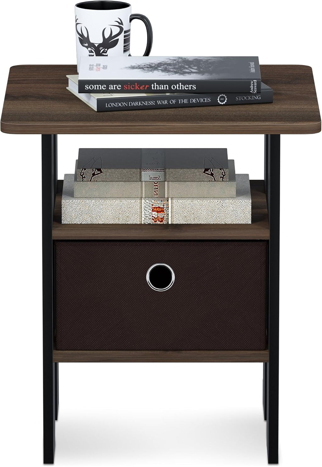 Andrey Set of 2 End Table / Side Table / Night Stand / Bedside Table with Bin Drawer, Columbia Walnut/Dark Brown