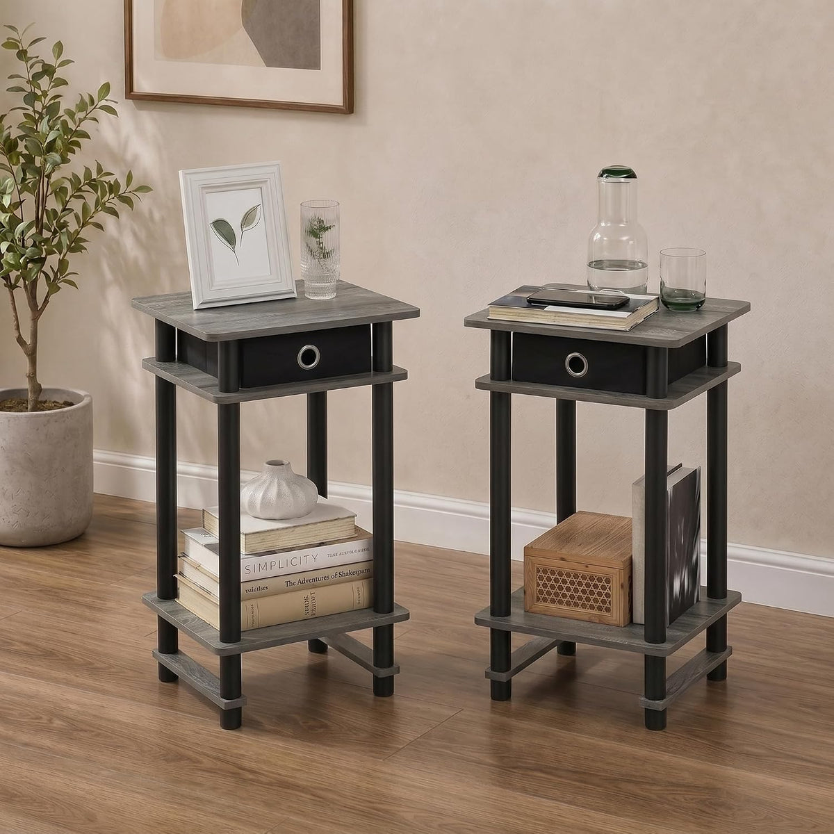 Turn-N-Tube Set of 2 Toolless 3-Tier Side Table, Grey Oak