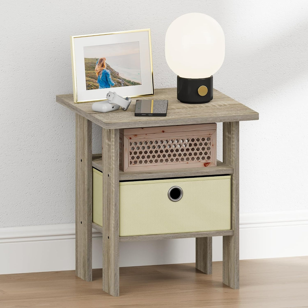 TIDUR 3-Tier Night Stand, Nightstand with Storage Bin, Sonoma Oak
