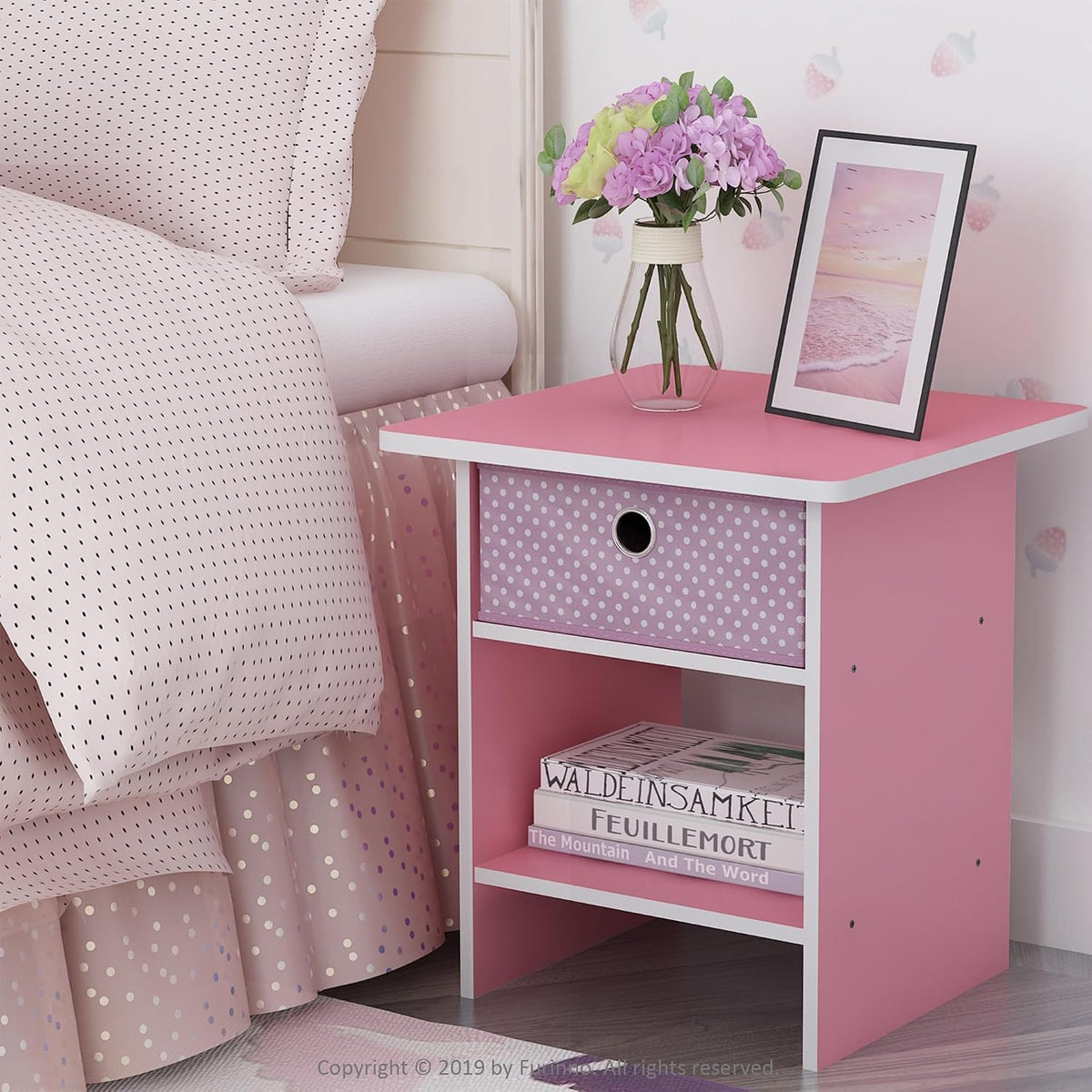 Dario Side Table with Bin Drawer, Pink End Table with Open Shelves, Night Stand, Bedside Table for Living Room, Bedroom, Home Office, for Living Room, Bedroom, Pink