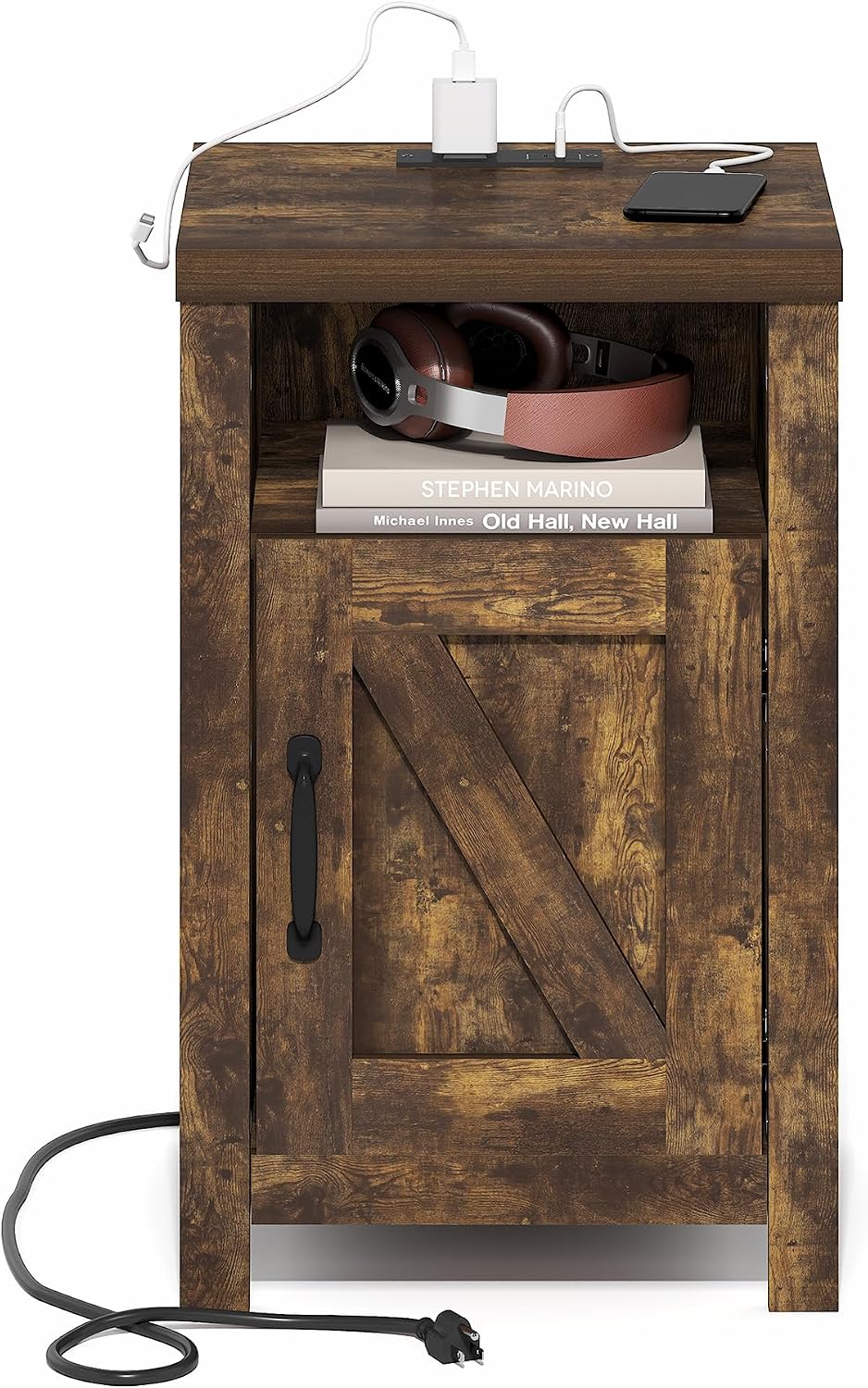 Farmhouse Night Stand with Charging Station, Bedside Table, Side Table, End Table with Door, USB Ports and Outlets, for Bedroom, Closet, Dorm, Amber Oak