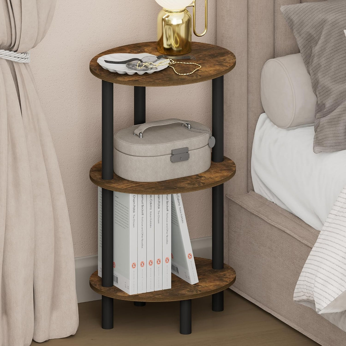 Turn-N-Tube 3-Tier Oval Night Stand, Toolless Assembly Narrow Nightstand, Modern Side Table, End Table, for Living Room, Bedroom, Amber Pine