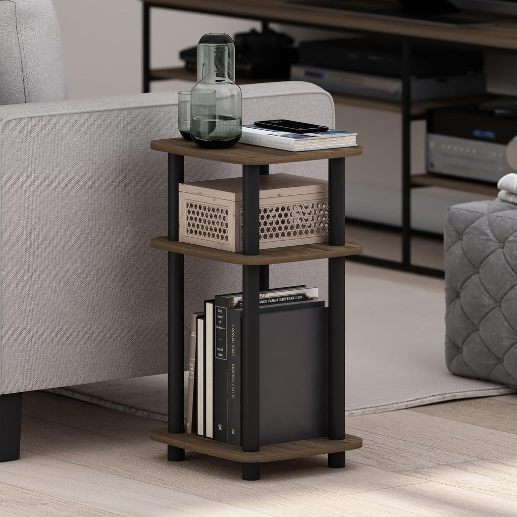 Turn-N-Tube Toolless 3-Tier Side Table, End Table, Brown Walnut