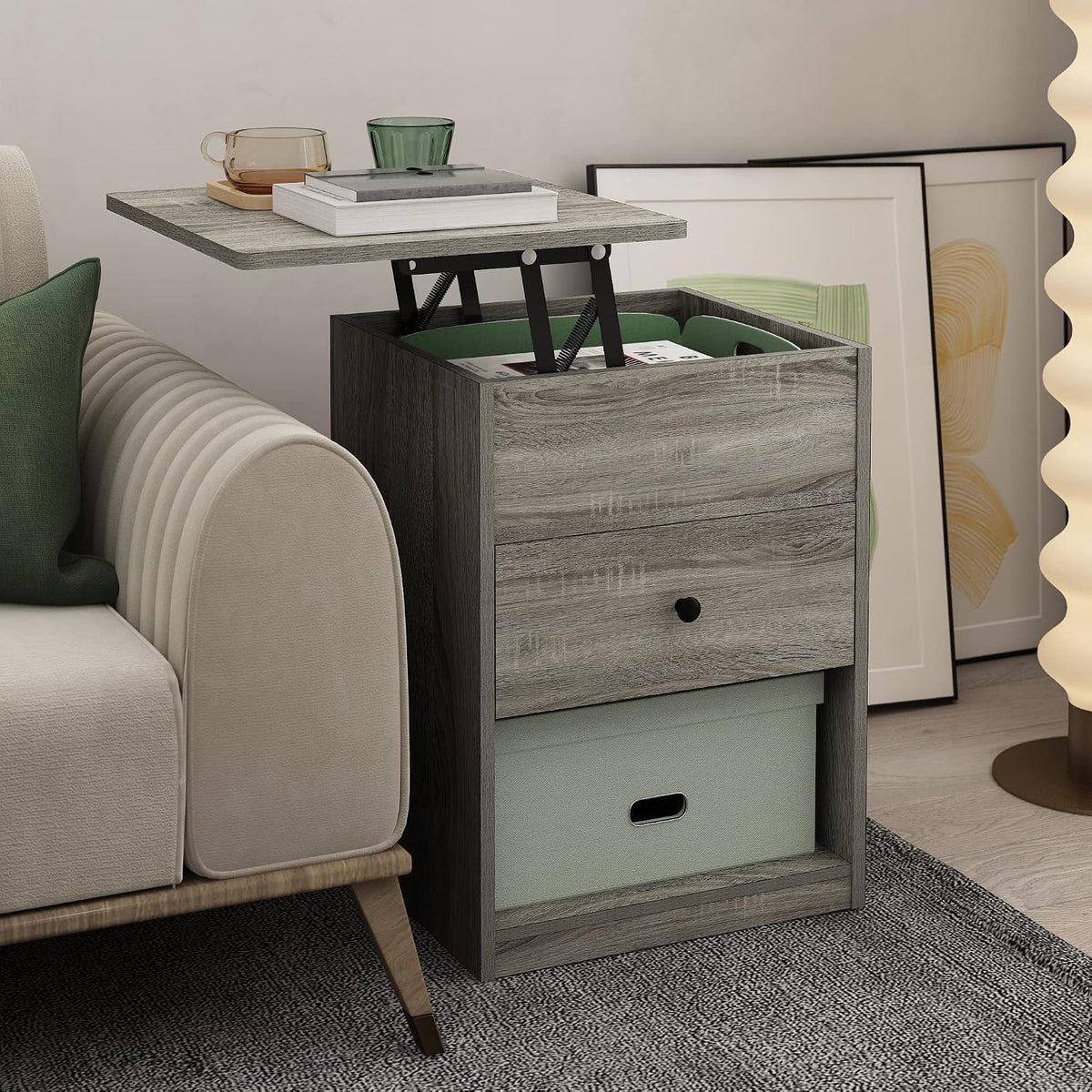 Jensen Lift-Top Night Stand with Drawer, French Oak Grey
