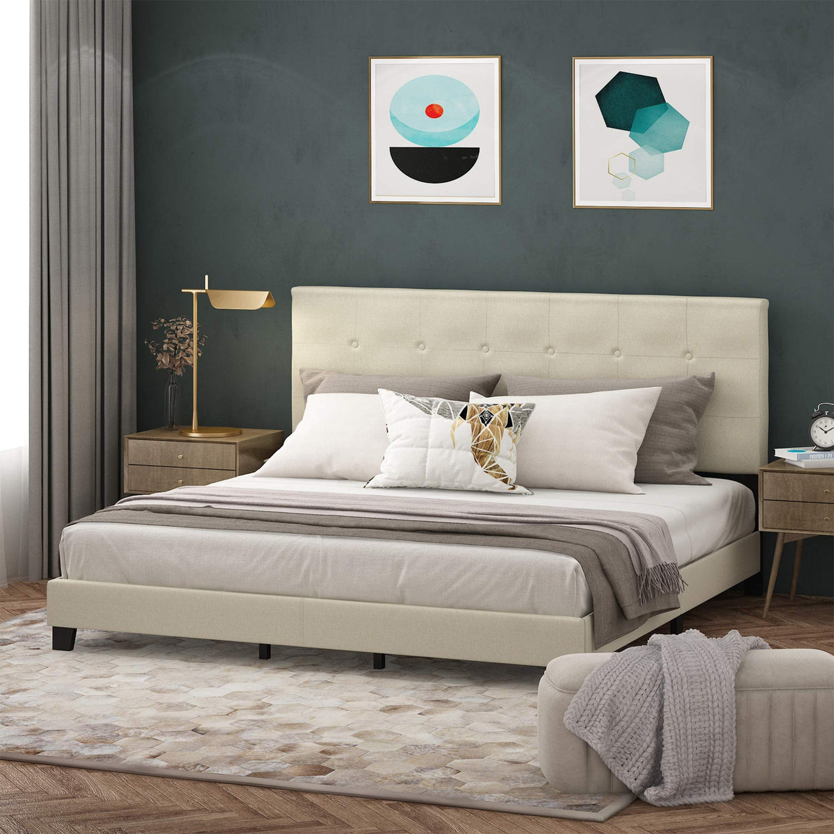Laval Button Tufted Upholstered Platform Bed Frame, Twin, Glacier
