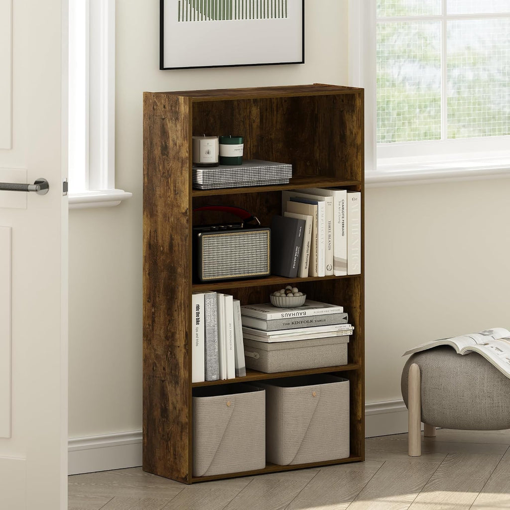 PASIR Book Shelf, 4-Tier Bookshelf, Bookcase with Open Shelf, 9.4 x 23.6 x 41.7, for Living Room, Bedroom, Home Office, Amber Pine