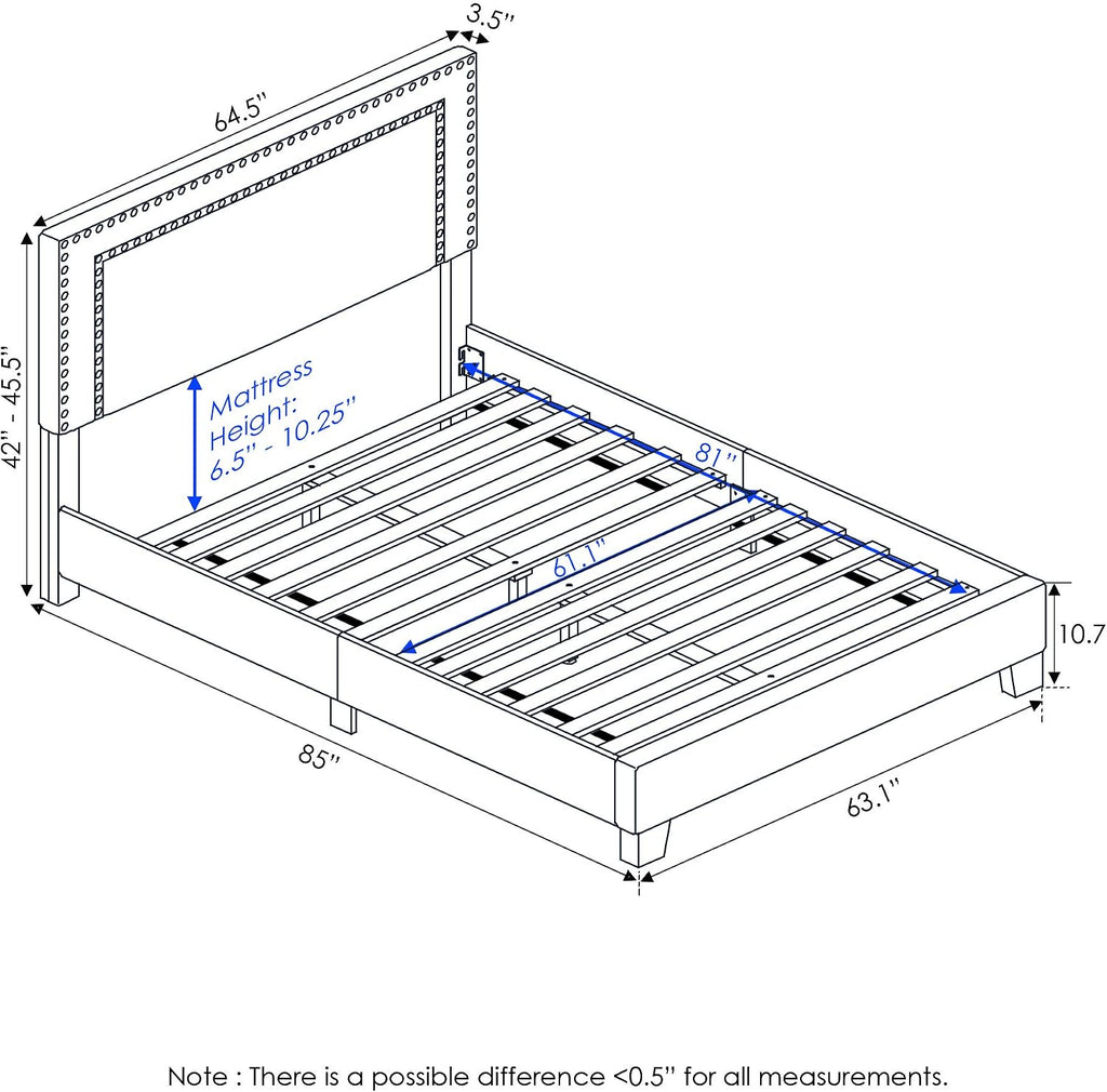 Laval Double Row Nail Head Upholstered Platform Bed Frame, Queen, Stone