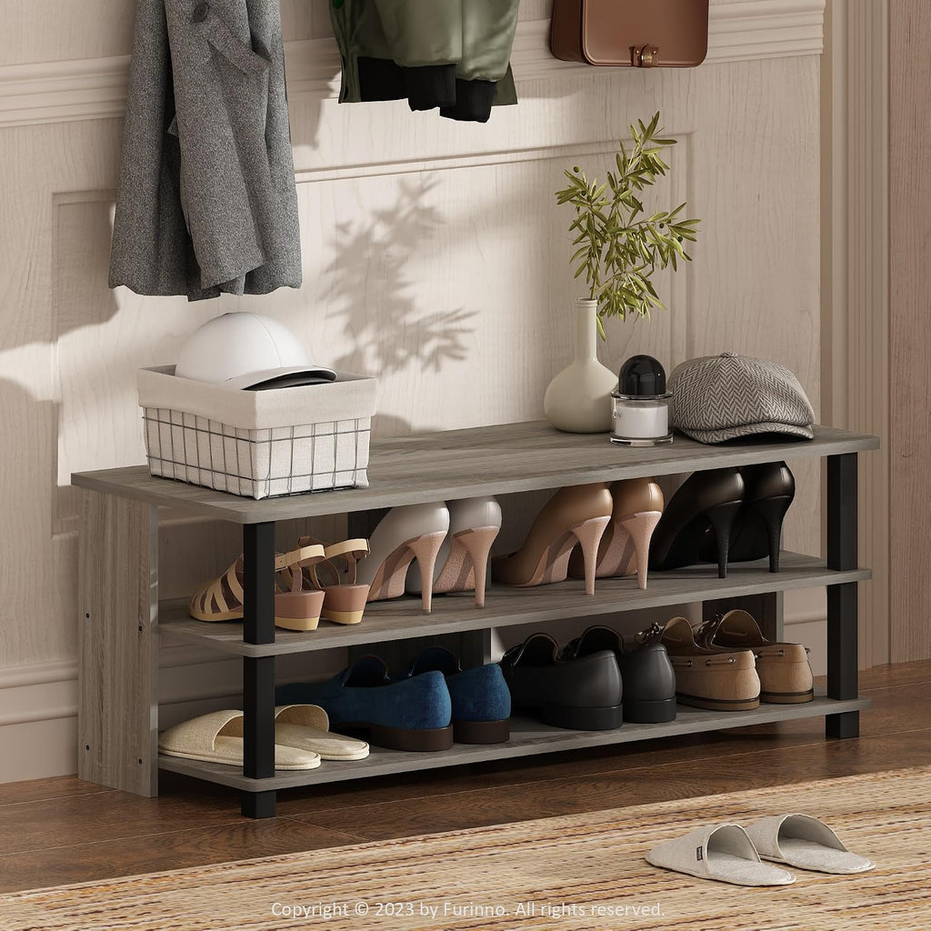 Turn-N-Tube Shoe Rack, 3-Tier Shoe Organizer, Compact Shoe Storage with Open Shelves, 15.5 x 41.1 x 15.8, Easy Assembly, for Closet Entryway, Office, Garage, French Oak/Black
