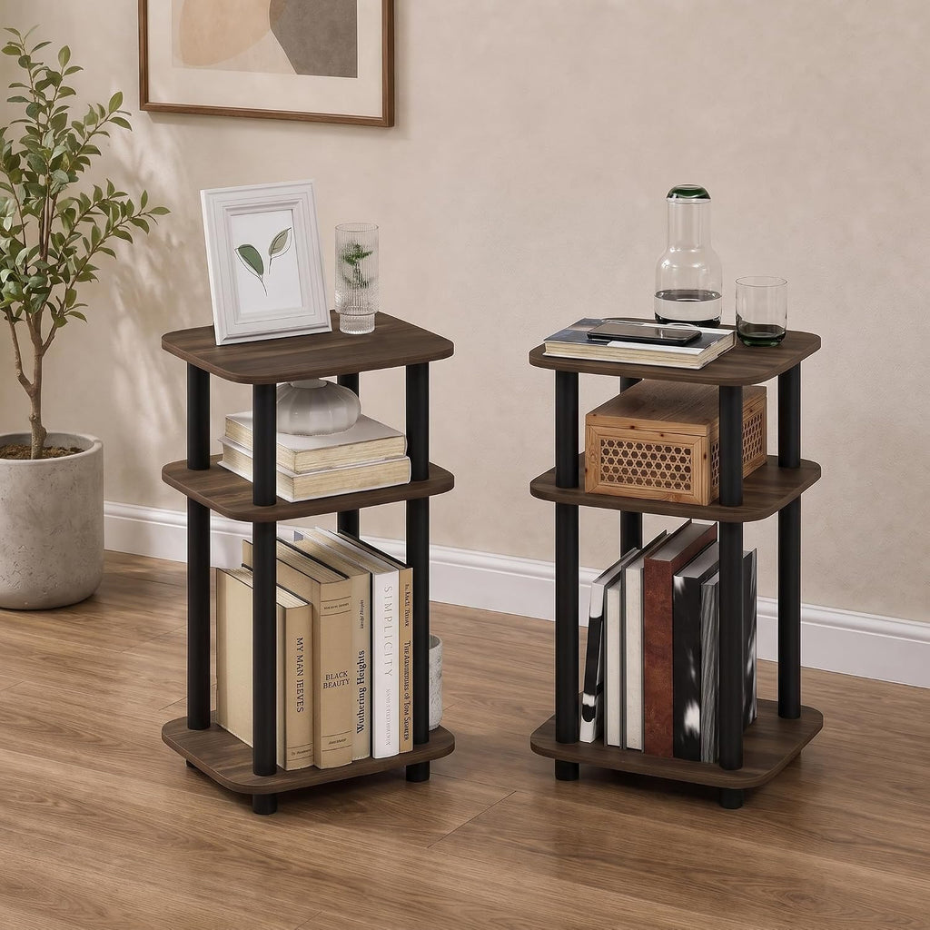 Turn-N-Tube Toolless 3-Tier Side Table Set of 2, Brown Walnut