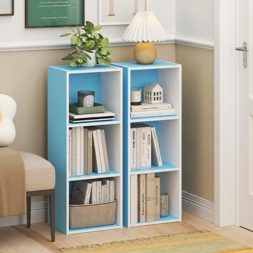 LUDER Set of 2 Book Shelf, 3-Cube, White/Light Blue