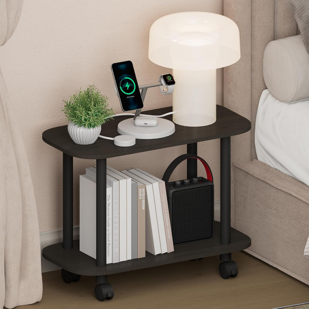 Turn-N-Tube Night Stand, 2-Tier Oval Nightstand with Wheels, Round Corner Side Table, End Table with Open Shelf, Toolless Assembly, for Living Room, Bedroom, Espresso