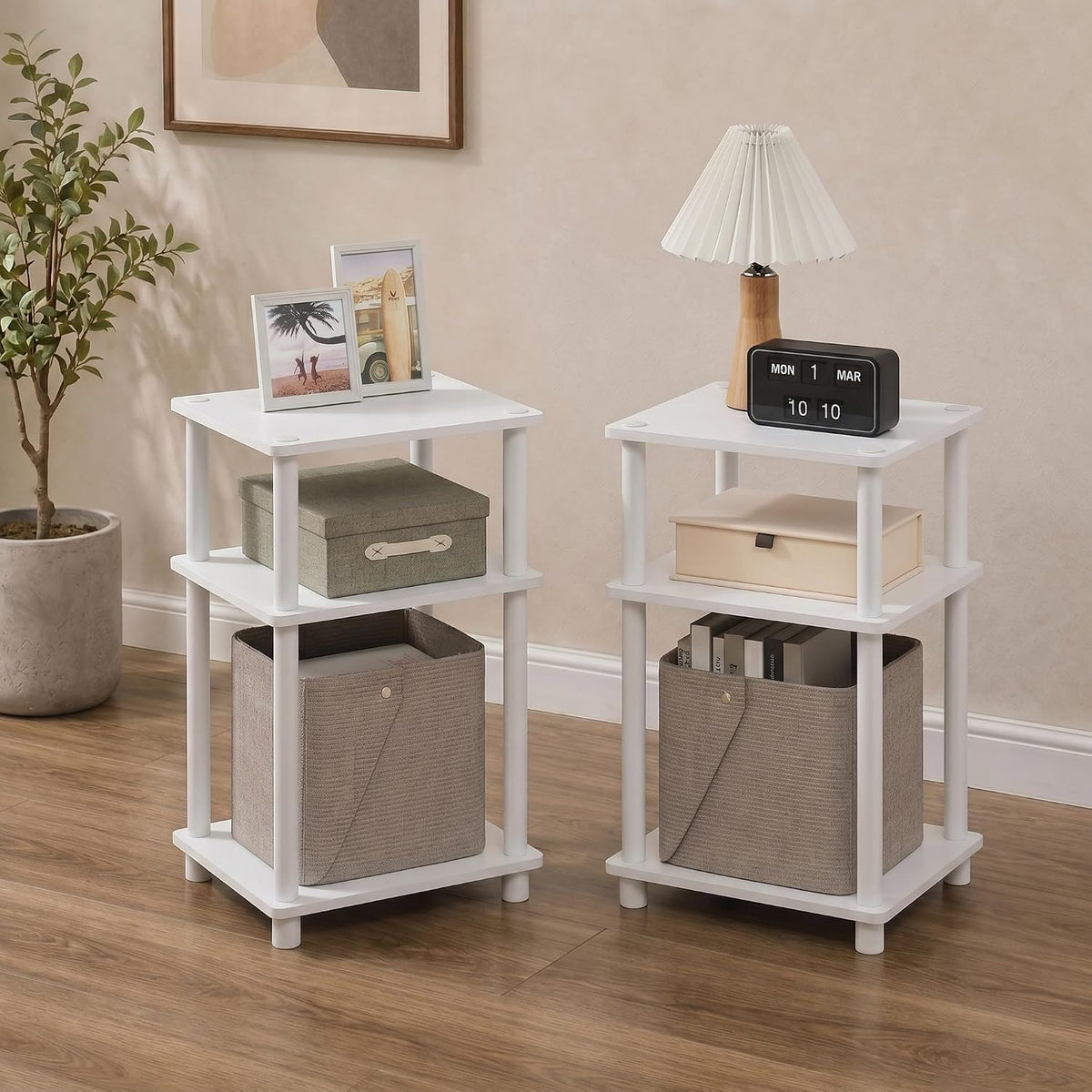 JUST Set of 2 Toolless Assembly 3-Tier Side Table, Plain White