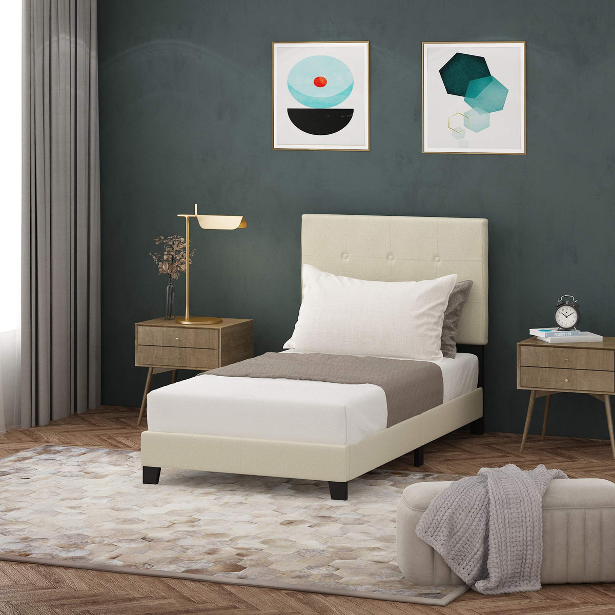Laval Button Tufted Upholstered Platform Bed Frame, Twin, Glacier