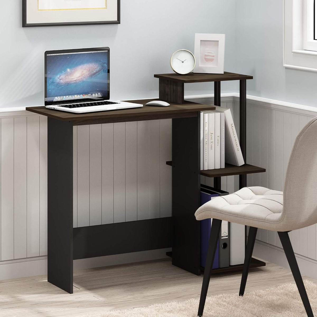EFFICIENT Desk, 28.6" Wide Gaming Desk with 3 Open Side Shelves, Laptop Notebook Computer Desk, Office Desk for Home Office, Study Room, Dorm, Bedroom, Columbia Walnut