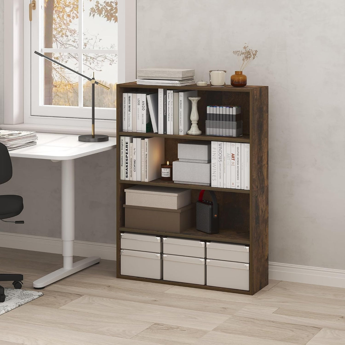 PASIR Book Shelf, 4-Tier Bookshelf with Open Storage Shelf, Standing Bookcase, 9.3 x 31.3 x 41.8, Easy Assembly, for Home Office, Bedroom, Living Room, Amber Pine