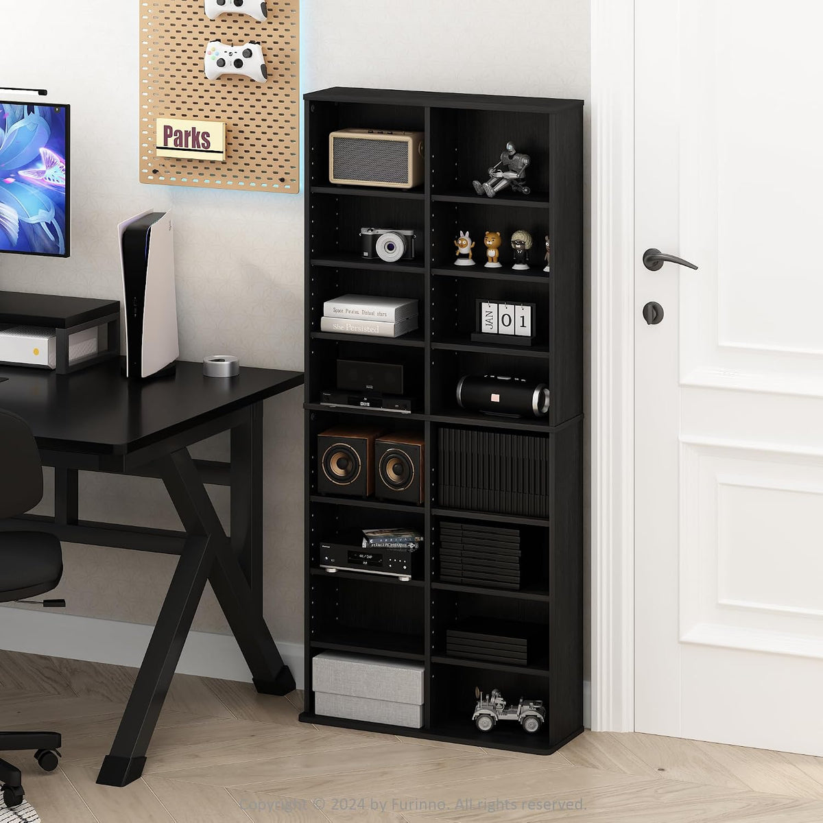 Jaya DVD Shelf, 16-Shelf Wide CD Rack, Media Shelf with Adjustable Shelves, 8 x 2 DVD Storage Cabinets for CD Bluray Game Disc, Easy Assembly, for Living Room, Home Office, Americano
