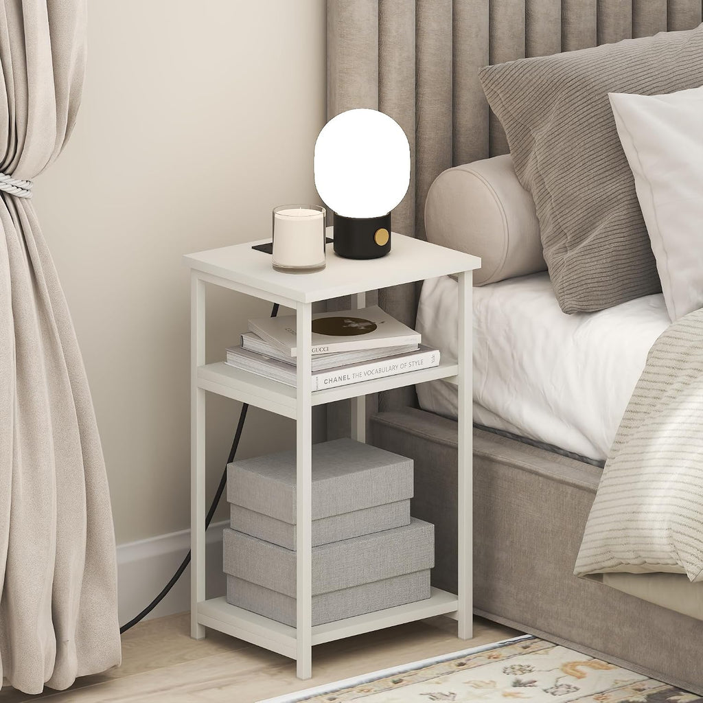 Moretti 3-Tier Metal Frame Charging Station Night Stand, White