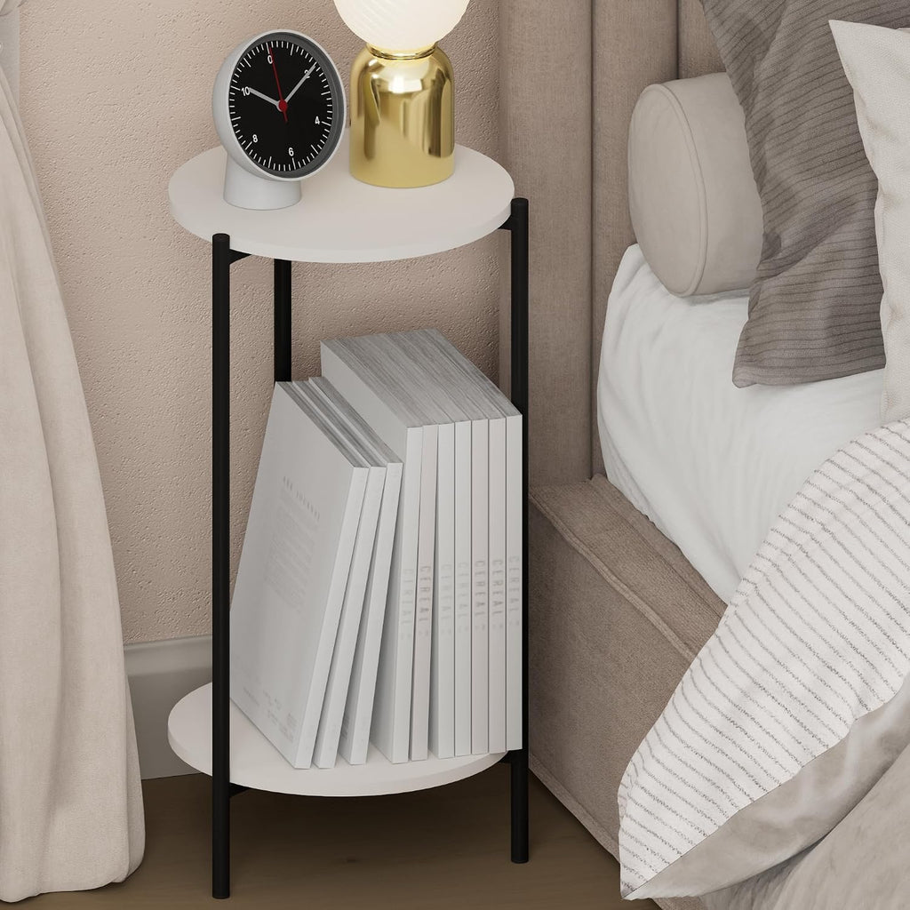 BESI Night Stand, 2-Tier Tall Round Nightstand, Metal Frame Narrow End Table with Open Shelf, Side Table, Bedside Table, for Bedroom, Closet, Dorm, White