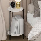 BESI Night Stand, 2-Tier Tall Round Nightstand, Metal Frame Narrow End Table with Open Shelf, Side Table, Bedside Table, for Bedroom, Closet, Dorm, White