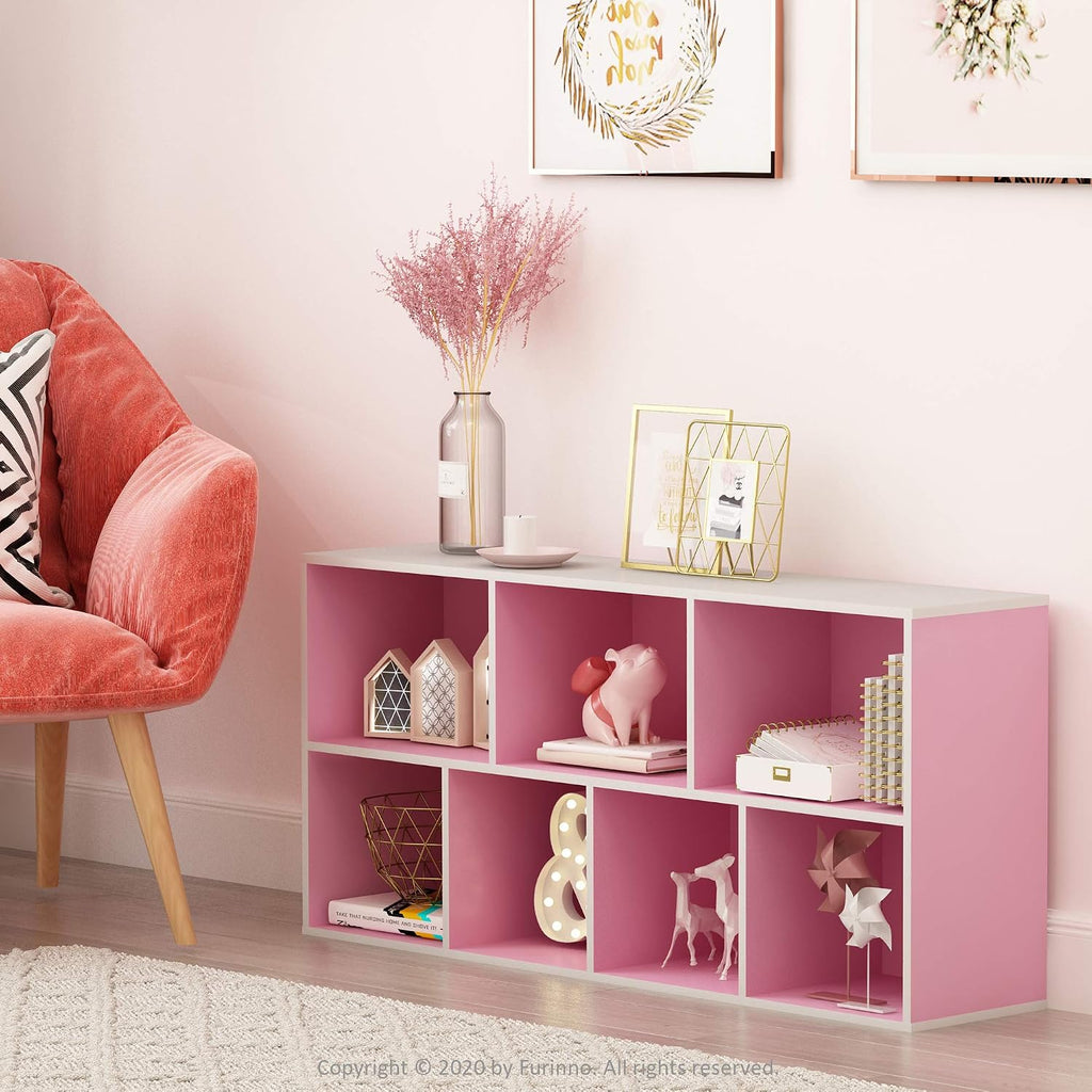 LUDER Book Shelf, 7-Cube Bookshelf, Bookcase with Open Shelves, 9.4 x 19.5 x 41.7, Easy Assembly, for Living Room, Bedroom, Home Office, White/Pink