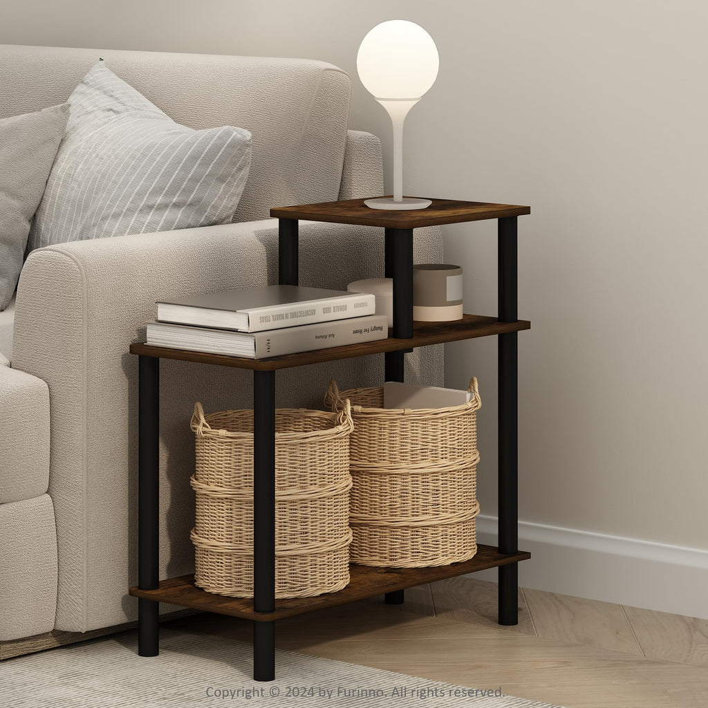 Turn-N-Tube Side Table, 3-Tier Rectangle Sofa End Table with Open Shelf, Toolless Assembly Night Stand, Bedside Table, for Living Room, Bedroom, Espresso