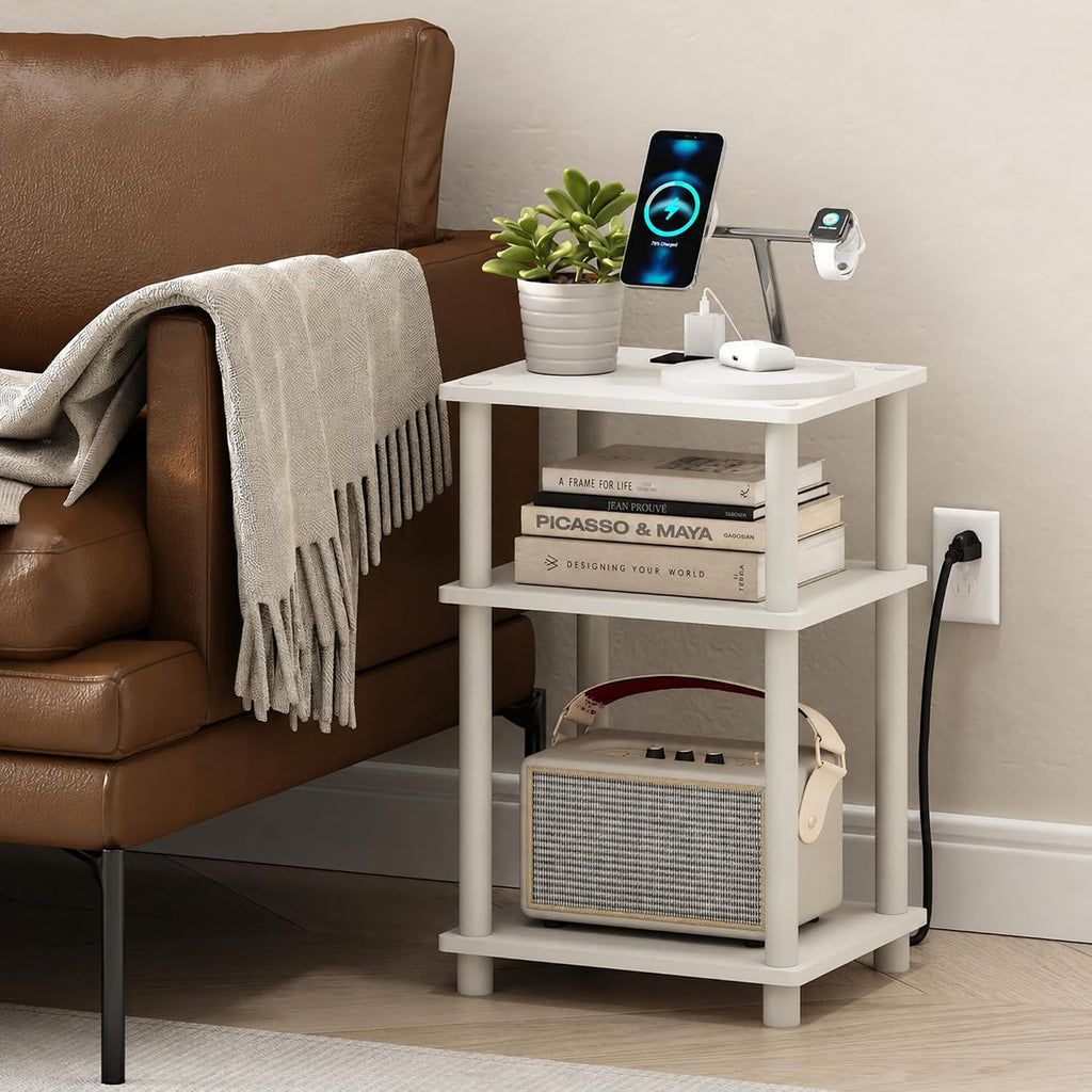Just 3-Tier Charging Station Side Table, End Table, Plain White