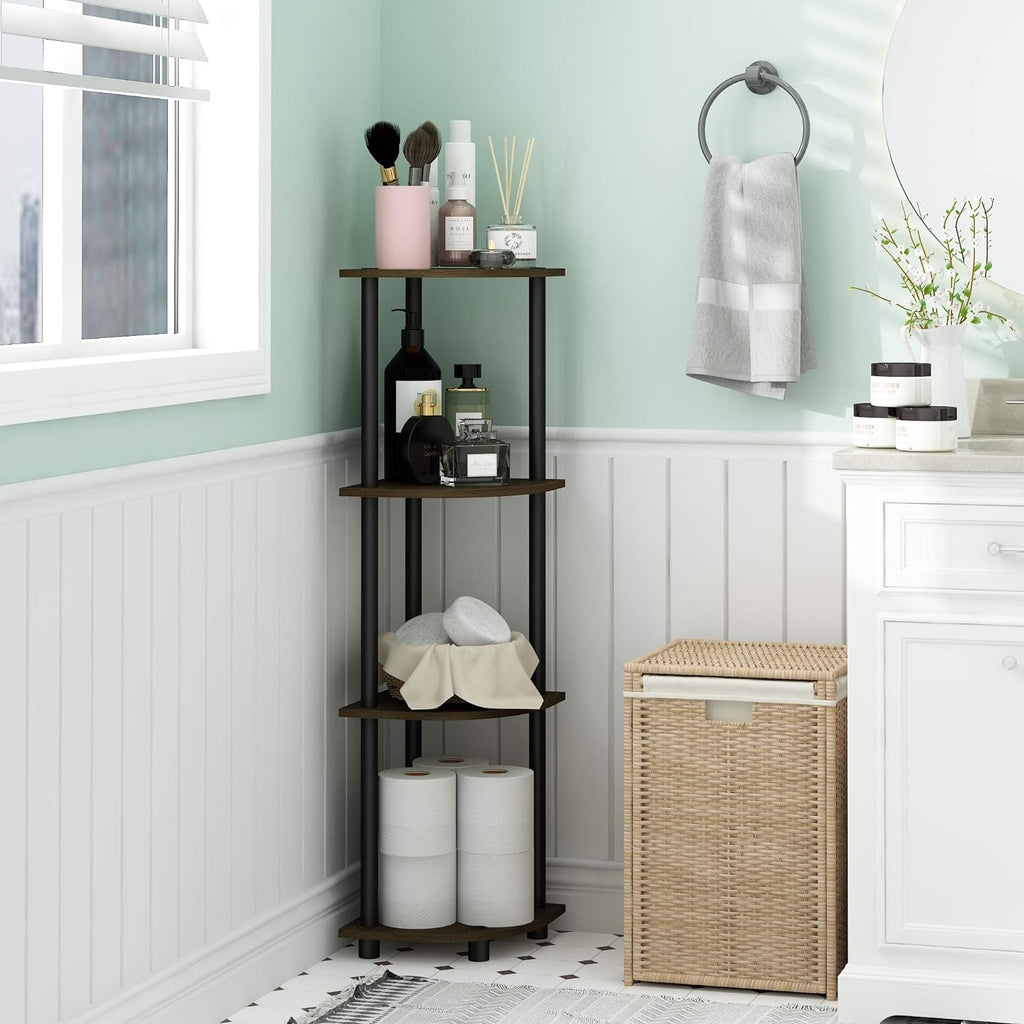 TURN-N-TUBE Corner Shelf, 4-Tier Corner Bookshelf, Display Storage Shelves with Open Shelves, for Organization and Storage, Living Room, Home Office, Garage, Dark Brown Grain