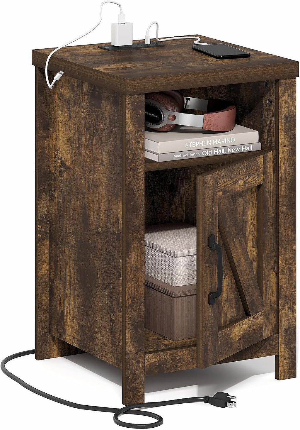 Farmhouse Night Stand with Charging Station, Bedside Table, Side Table, End Table with Door, USB Ports and Outlets, for Bedroom, Closet, Dorm, Amber Oak