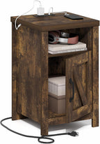 Farmhouse Night Stand with Charging Station, Bedside Table, Side Table, End Table with Door, USB Ports and Outlets, for Bedroom, Closet, Dorm, Amber Oak