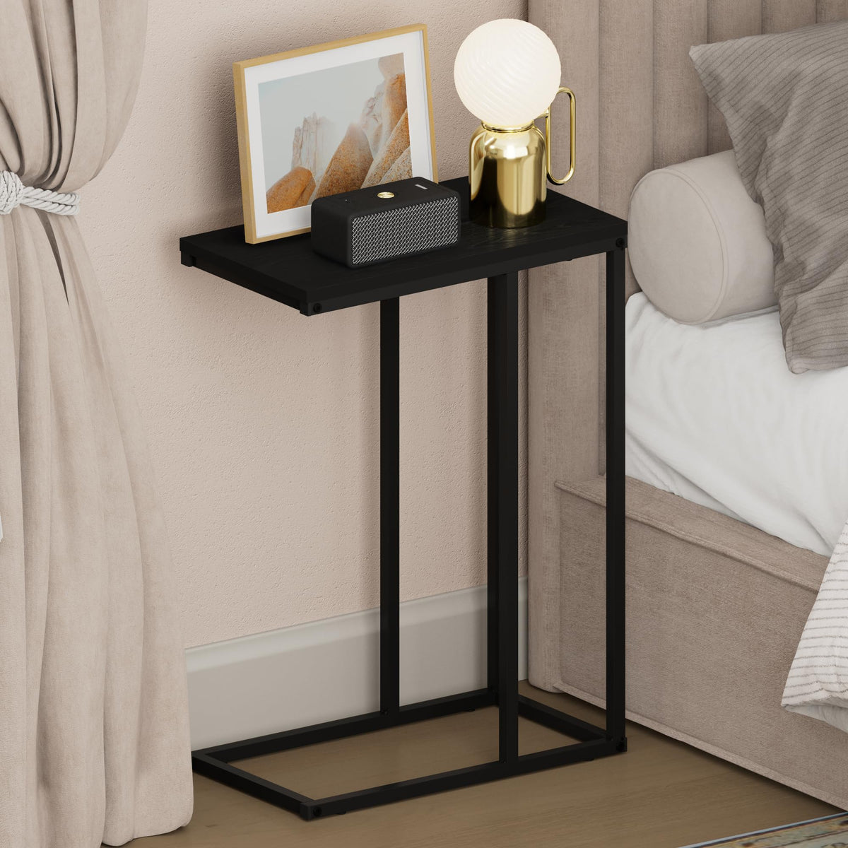 CAMNUS Night Stand, C-Shape Nightstand, Metal Frame Side Table, End Table, Bedside Table, for Living Room, Bedroom, French Oak Grey