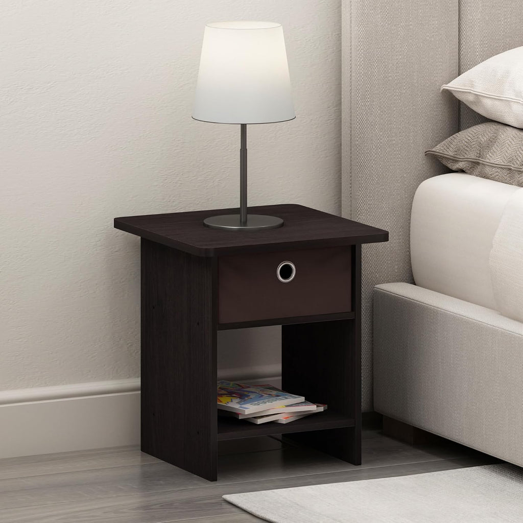 Dario Side Table with Bin Drawer, Black End Table with Open Shelves, Night Stand, Bedside Table for Living Room, Bedroom, Home Office, Dark Mocha