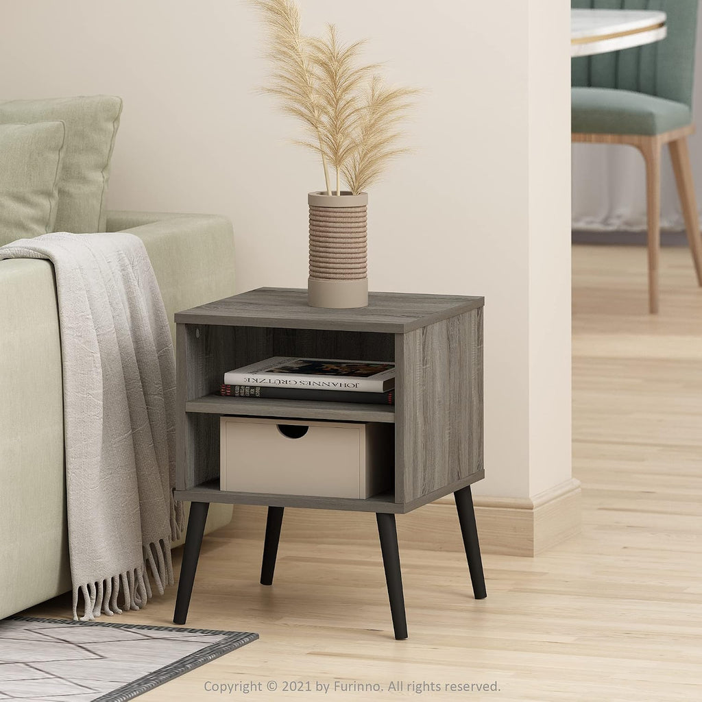 Claude Side Table, 2-Tier Square Mid-Century End Table with Wooden Legs, Open Shelf Night Stand, Bedside Table, for Living Room, Bedroom, French Oak Grey