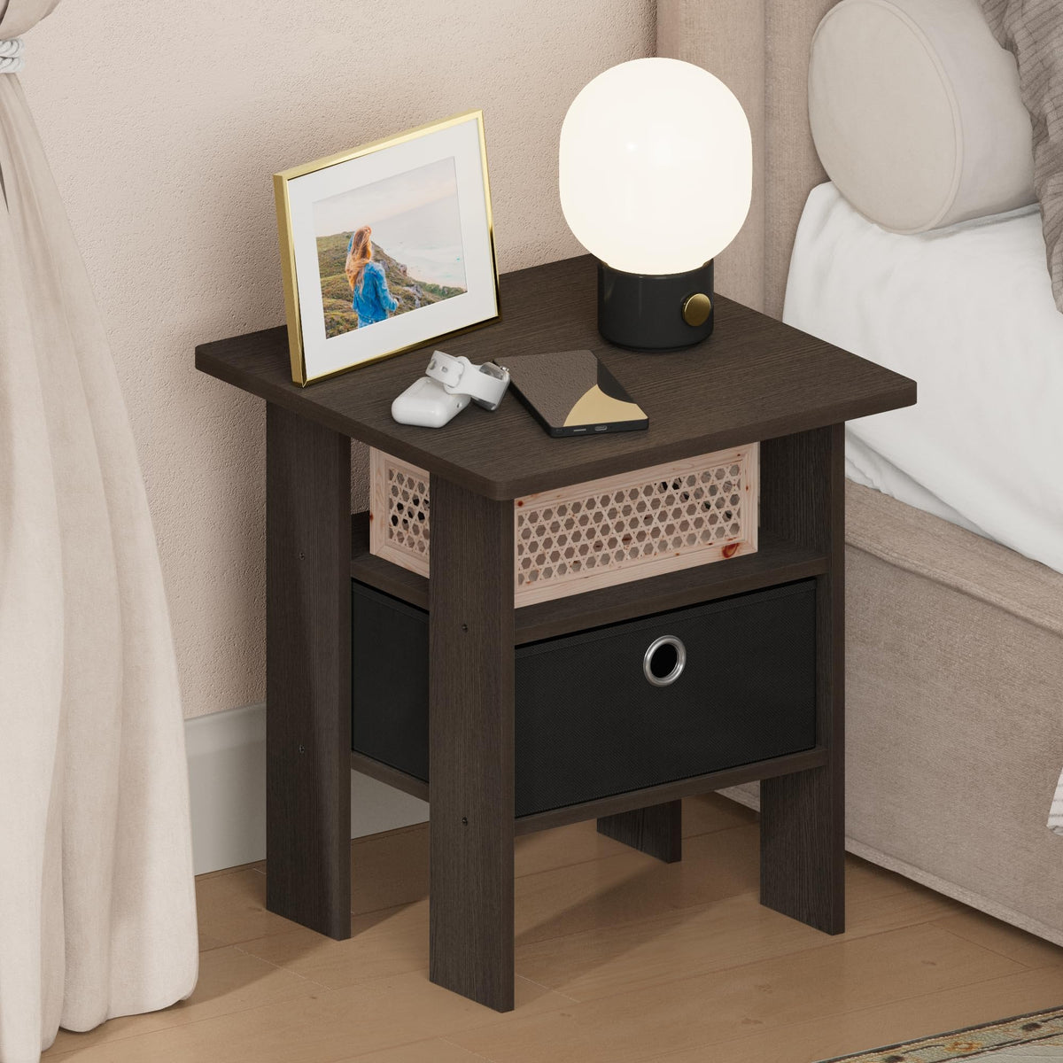 ANDREY Set of 2 Square 2-Tier Side Table, End Table, French Oak