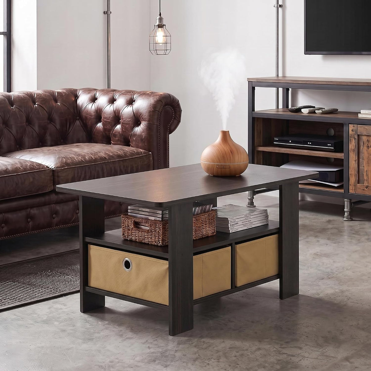 ANDREY Coffee Table, Small Modern Coffee Table with Storage and Bin Drawer, Side Table for Living Room, Bedroom, Home Office, Espresso